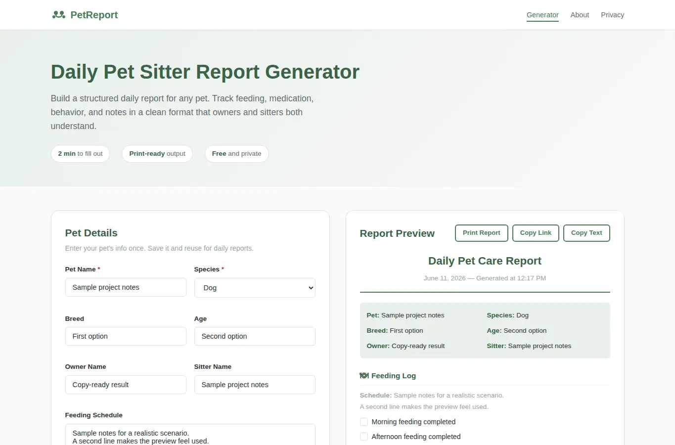 Screenshot of Pet Sitter Daily Report Generator interface showing the project page in use